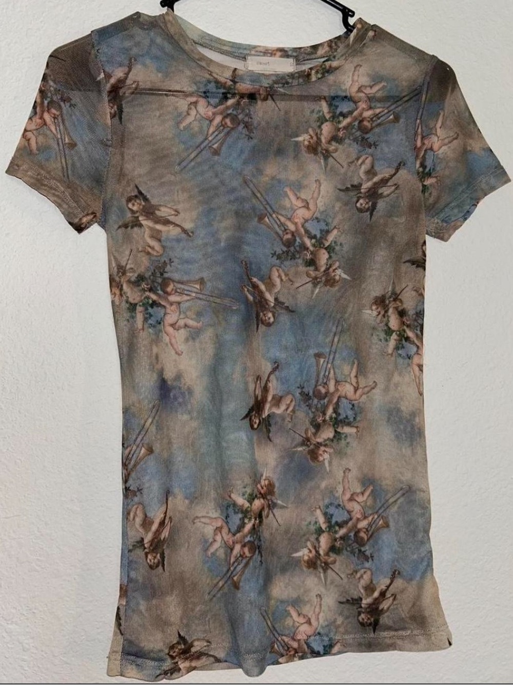 Sheer Angel-Print Short Sleeve Top